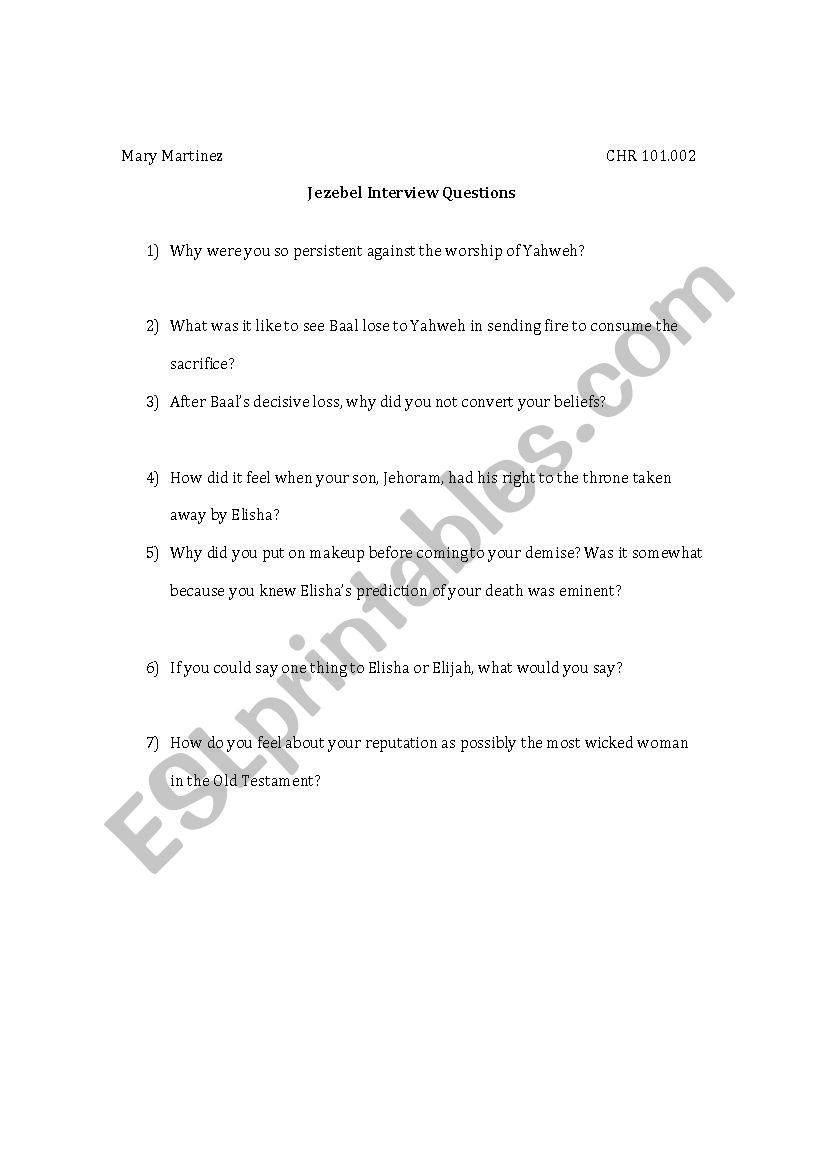 JEZEBEL worksheet