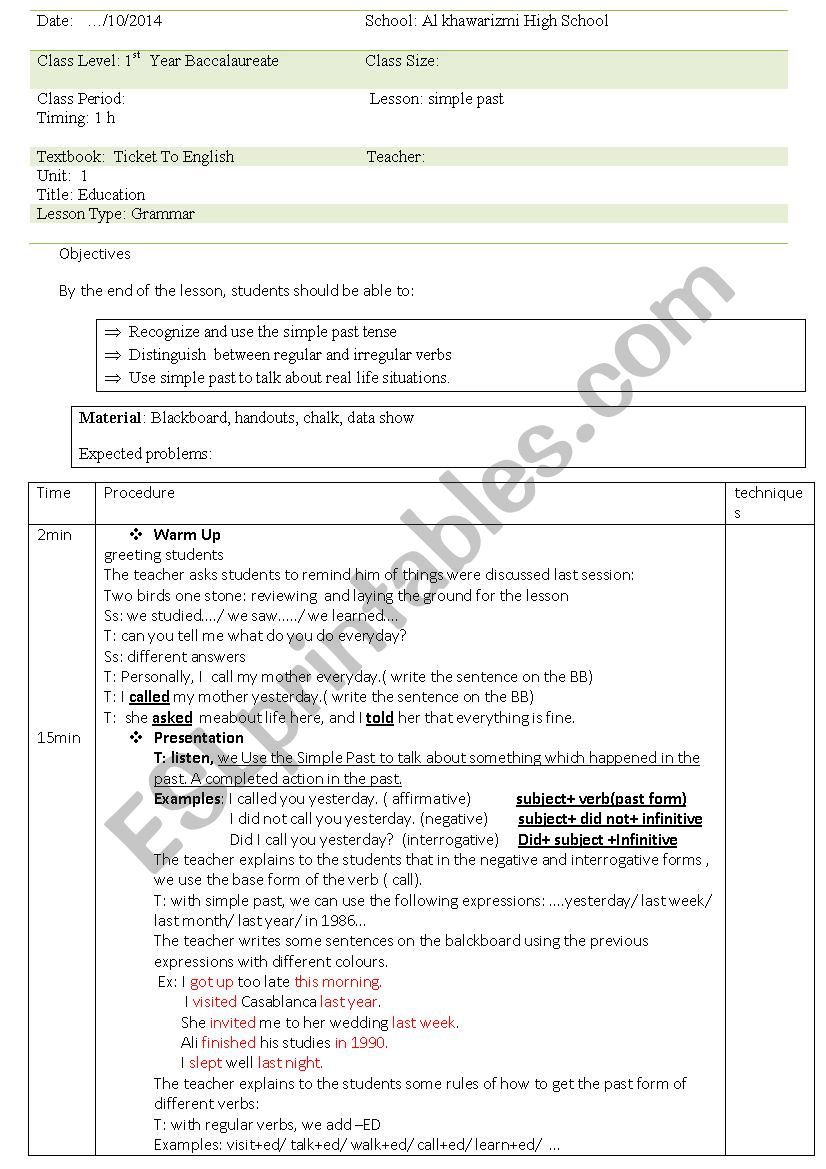 Lesson plan for teaching Simple past tense