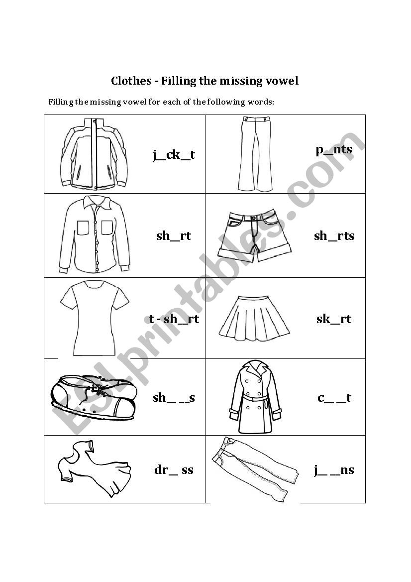 Missing vowel-Clothes worksheet