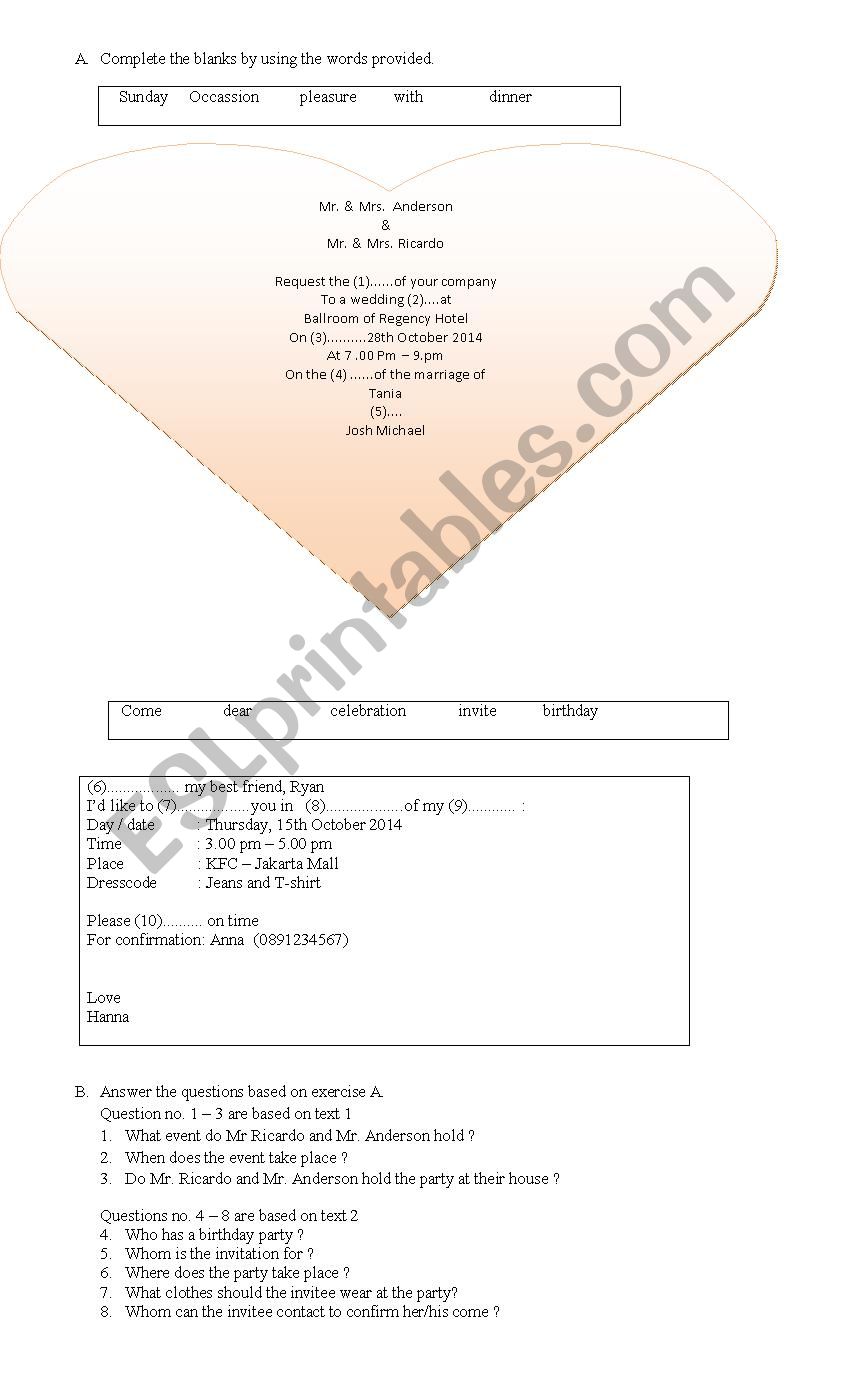 exercise of invitation worksheet