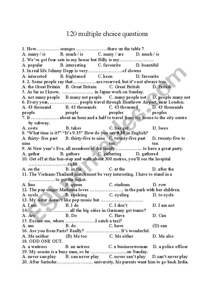 120 multiple choice questions worksheet