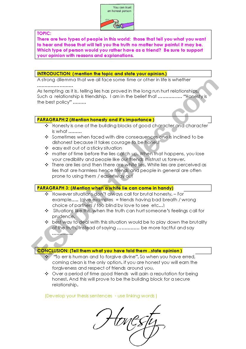 Essay: Honesty among friends  worksheet