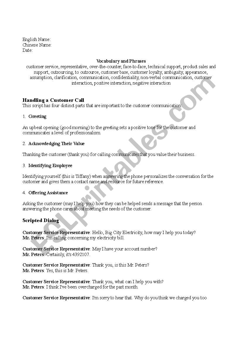 Customer Service ESL Worksheet