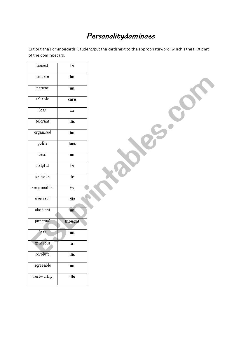 Personality dominoes worksheet