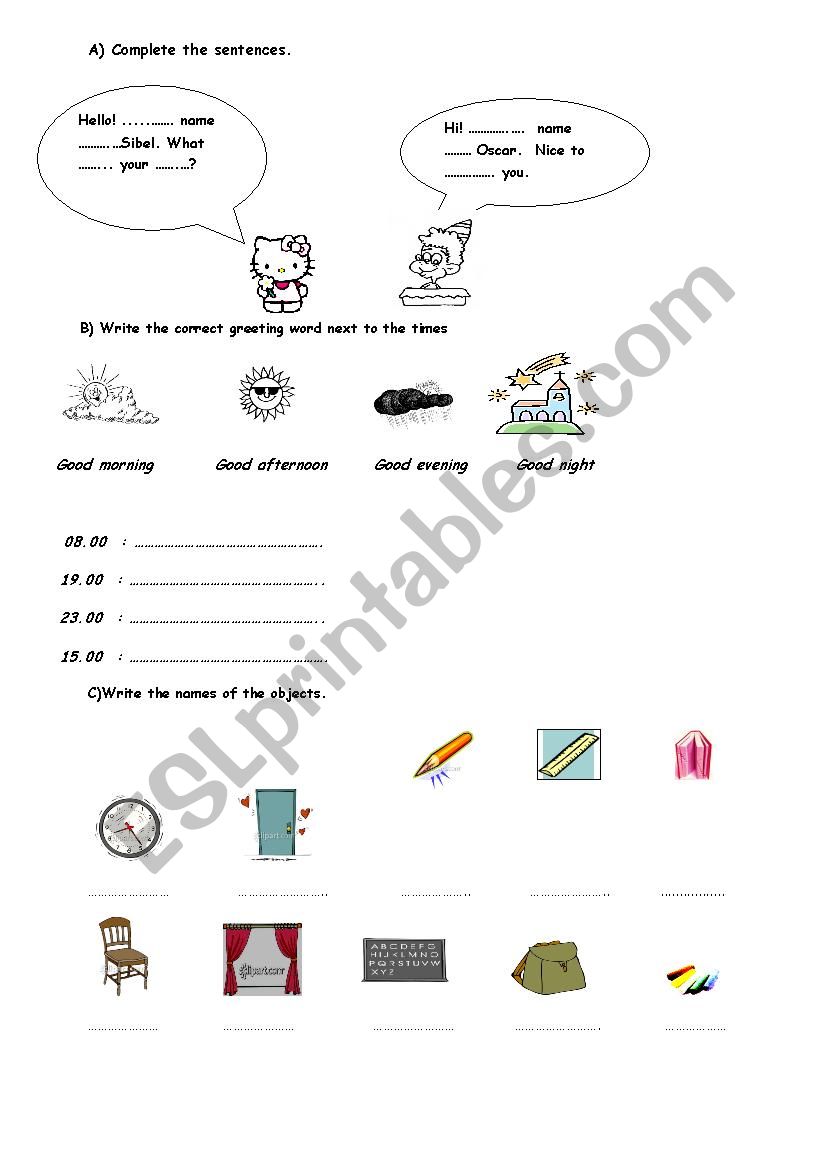 greeting-classroom objects worksheet