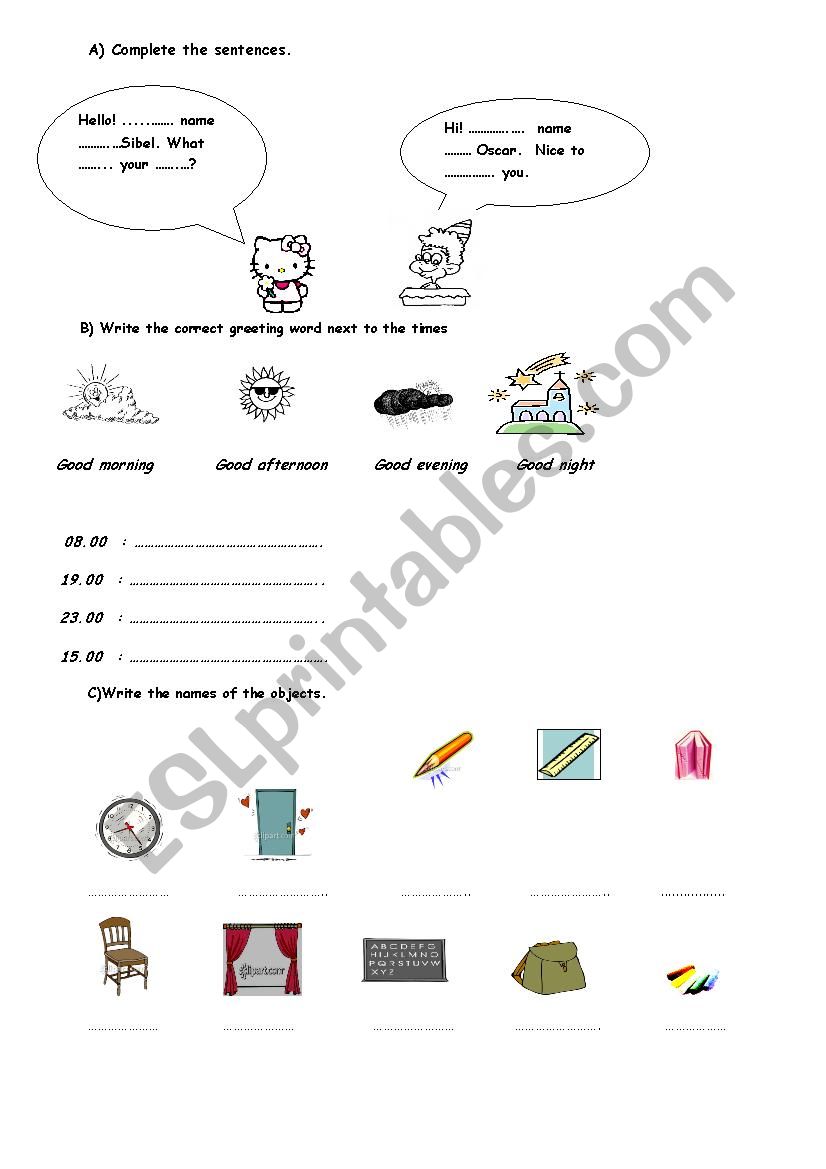 greeting-classroom objects worksheet