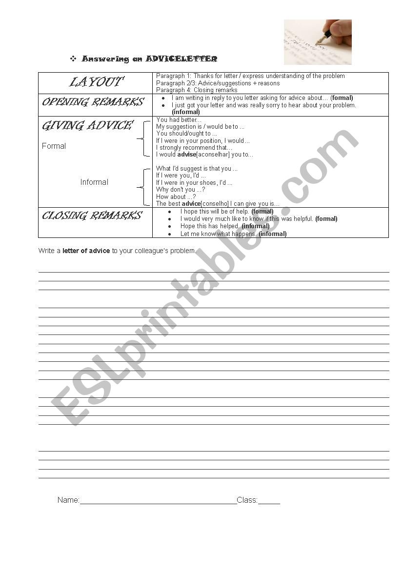 Advice letter worksheet