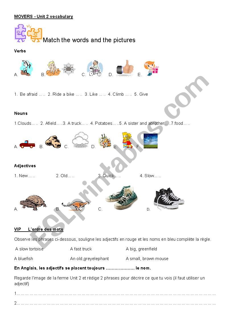 MOVERS YLE Unit 2 vocabulary and grammar worksheet