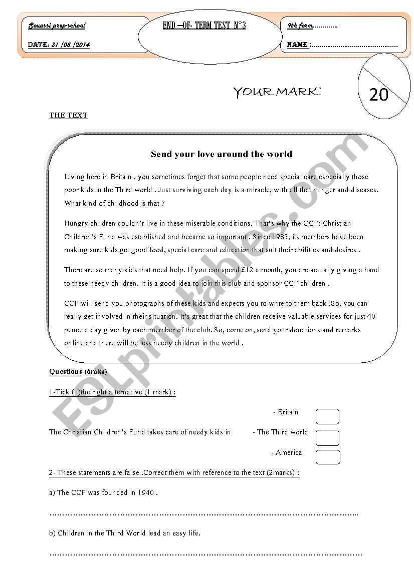 end of term test  worksheet