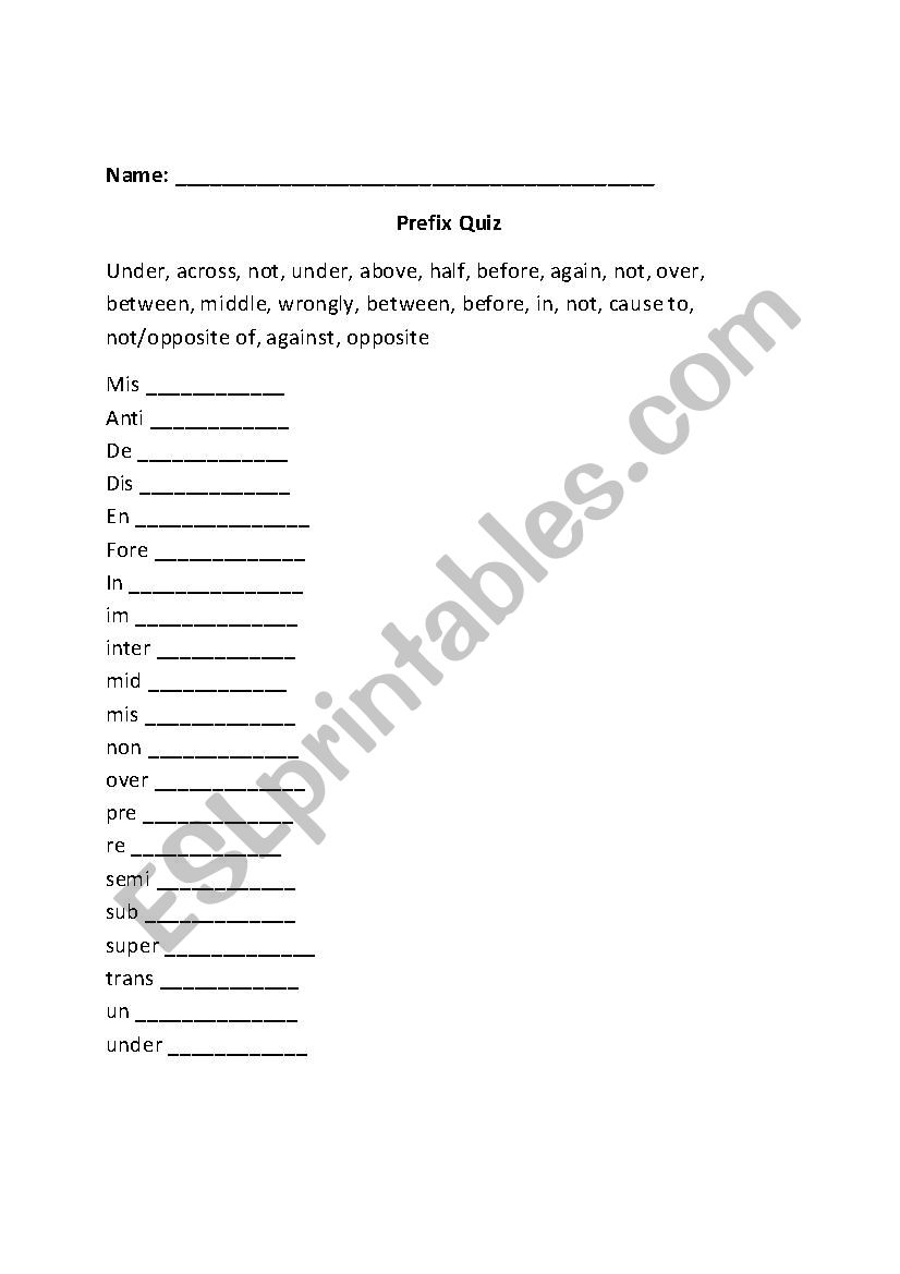 Prefix Quiz worksheet