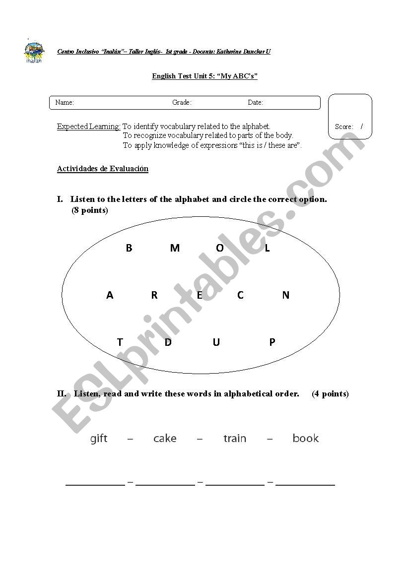 English Test Unit 5: “My ABC’s”