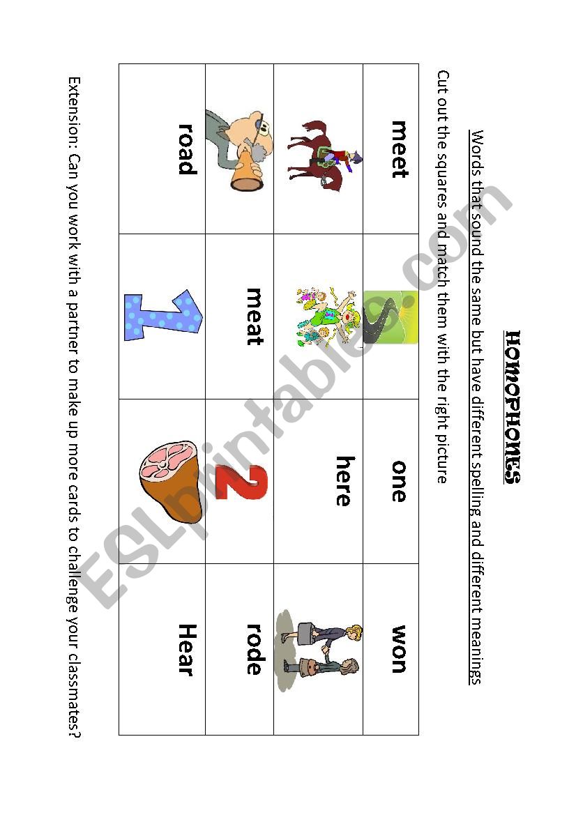 Homophones Matching Games worksheet