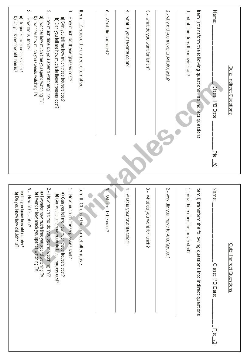 quiz indirect question worksheet