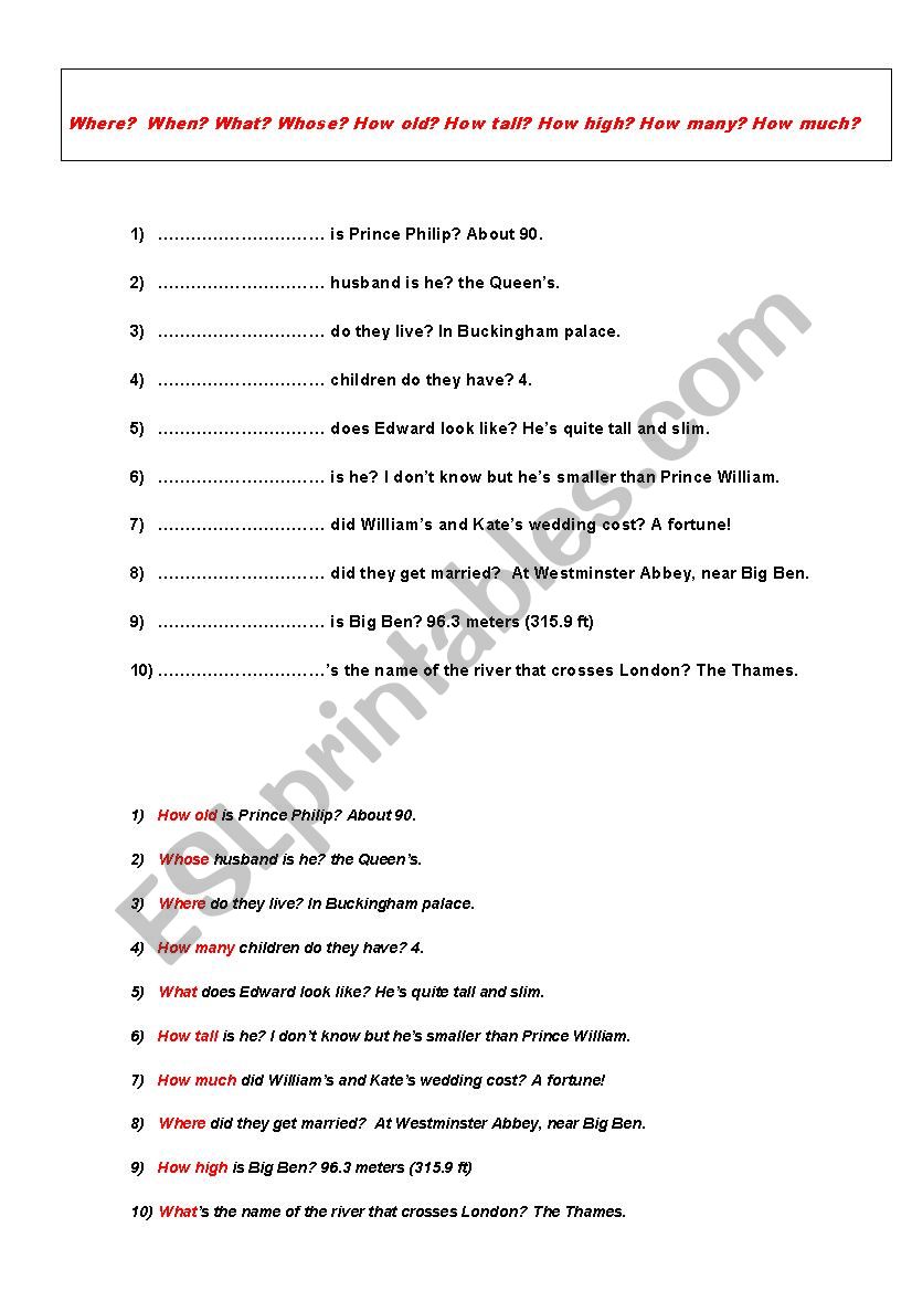 Question words worksheet