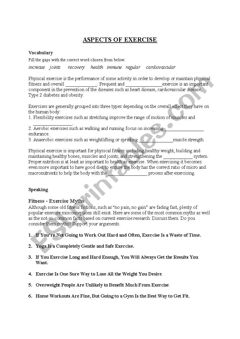 Aspects of Exercise worksheet