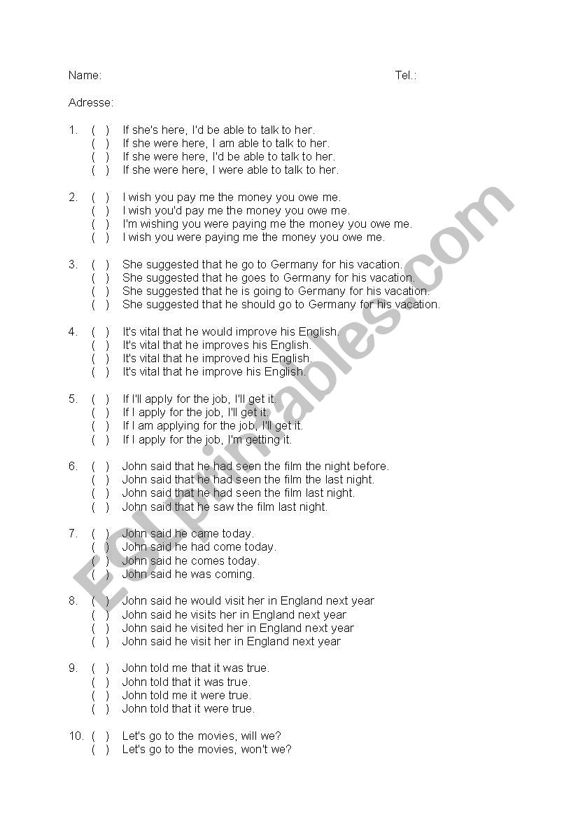 English grammar test worksheet