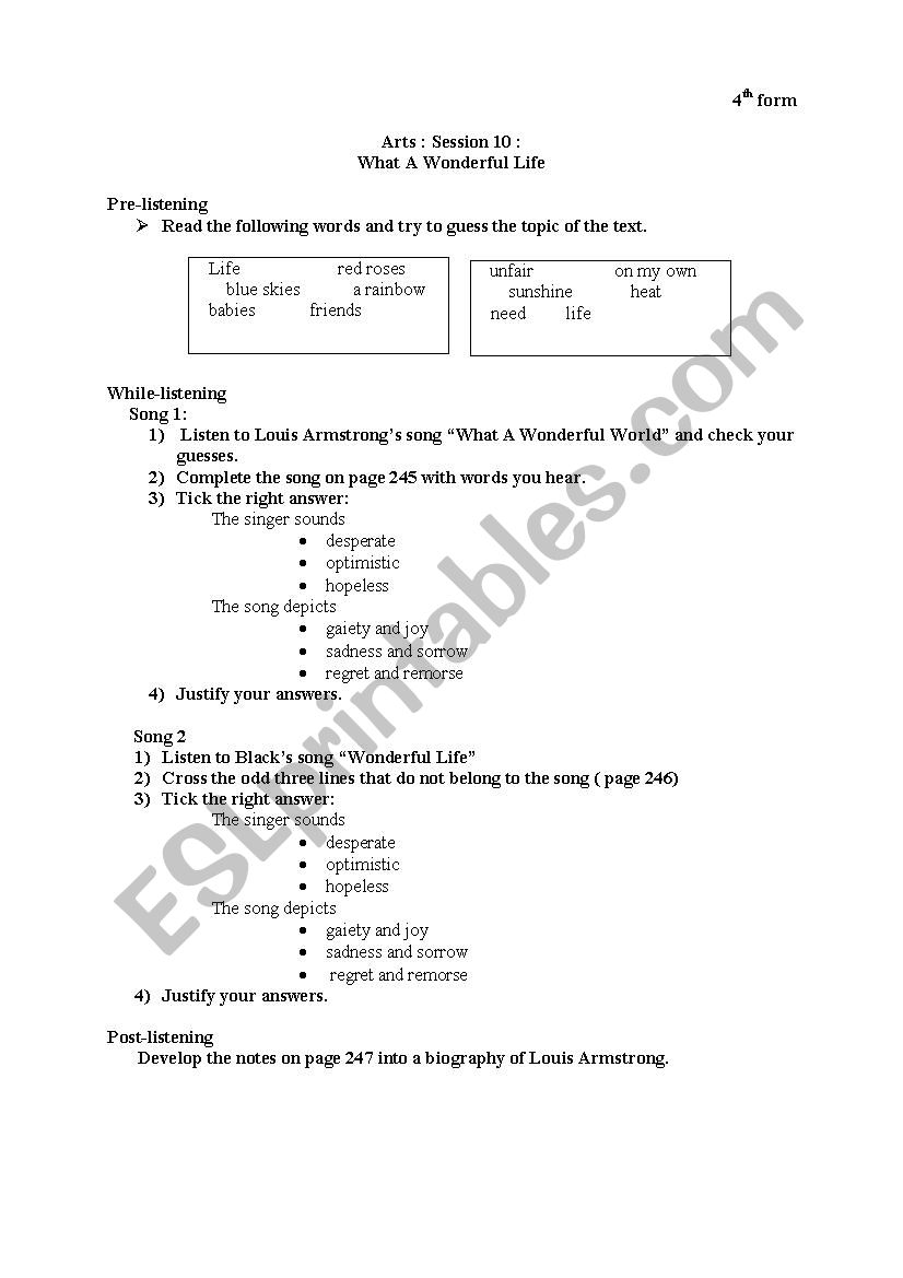 A WONERFUL LIFE worksheet