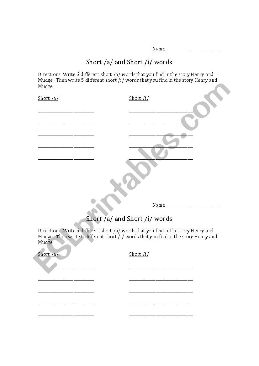 Short vowels a & i practice worksheet