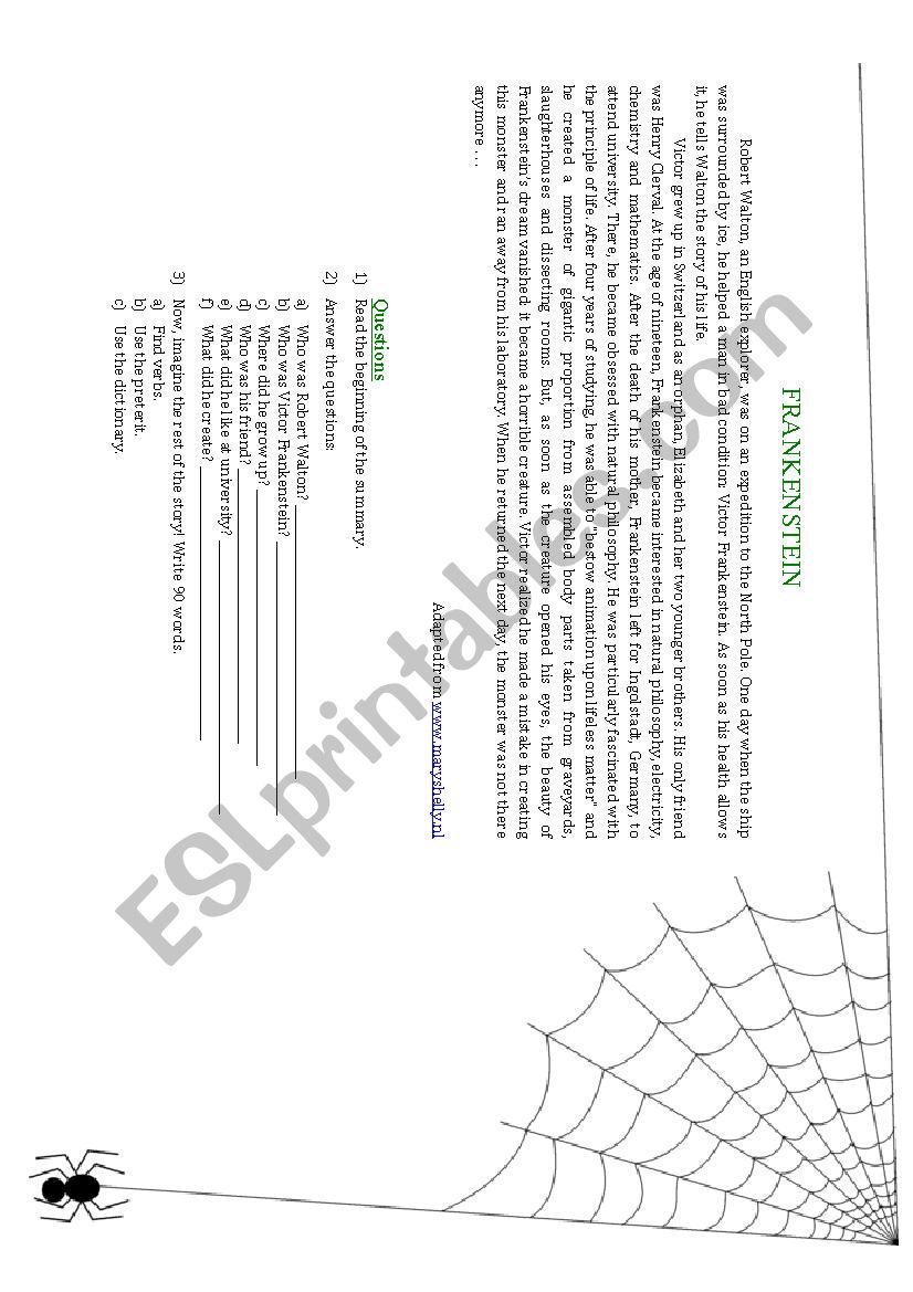 Frankenstein worksheet worksheet