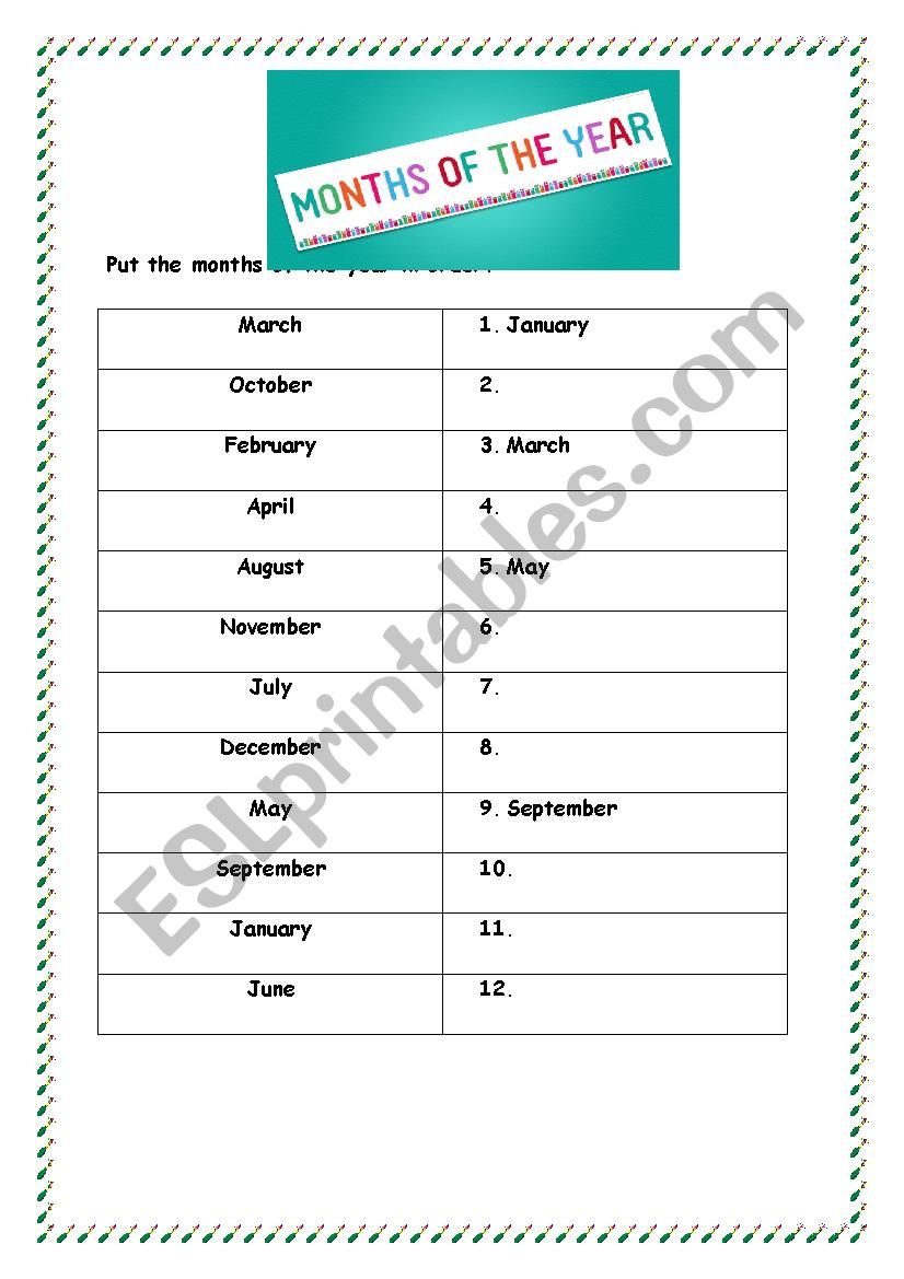 Months of the Year worksheet worksheet