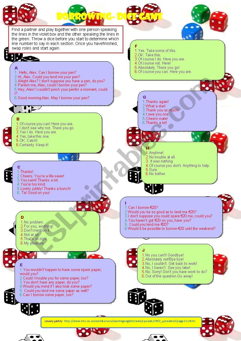 Borrowing Things Dice Game worksheet