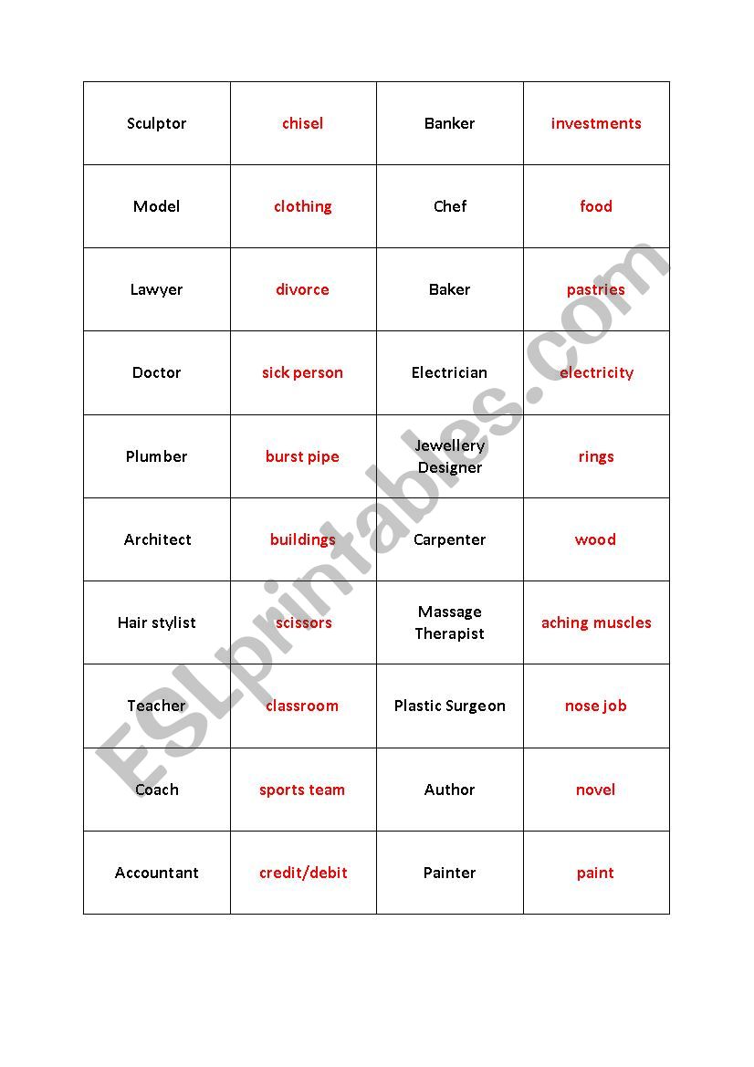 Professions Memory Game worksheet