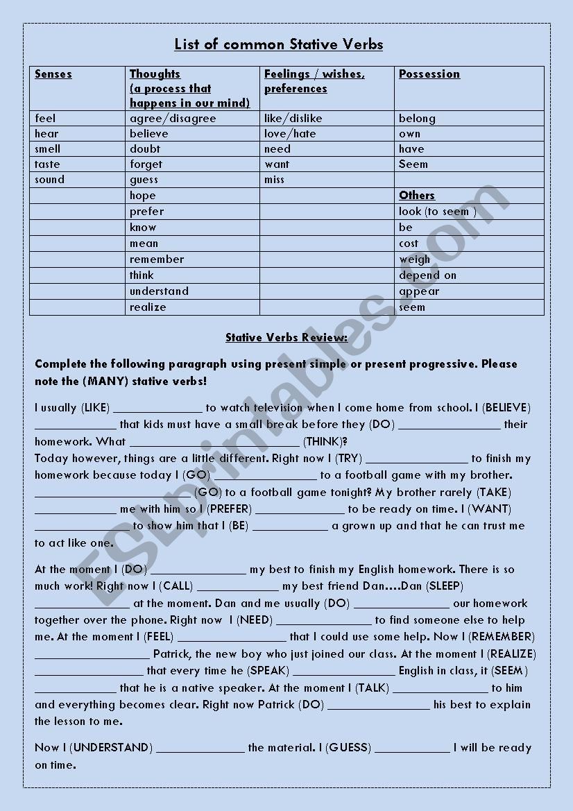 Stative Verbs Review worksheet