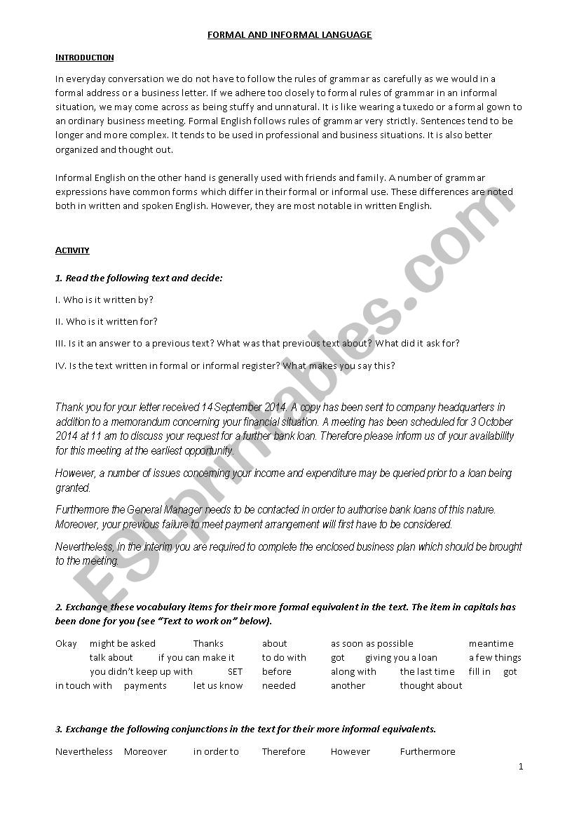 FORMAL AND INFORMAL LANGUAGE worksheet