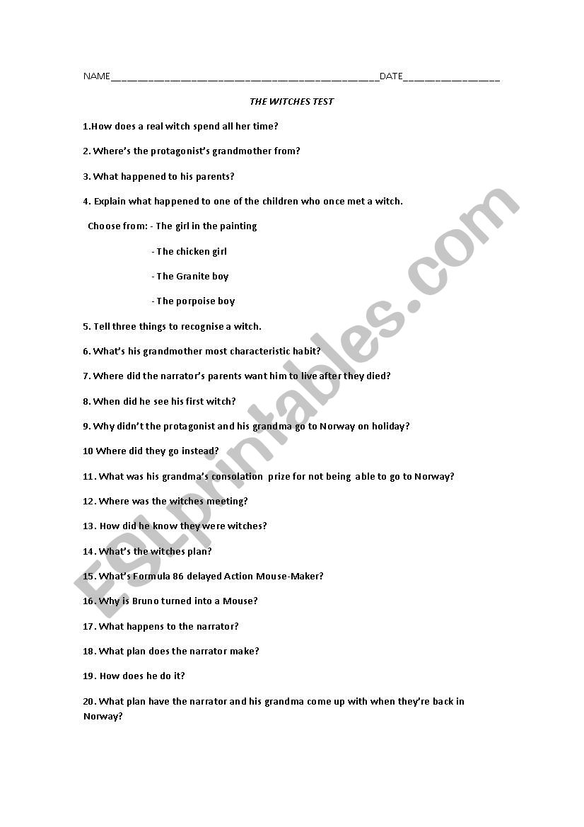 THE WITCHES TEST worksheet