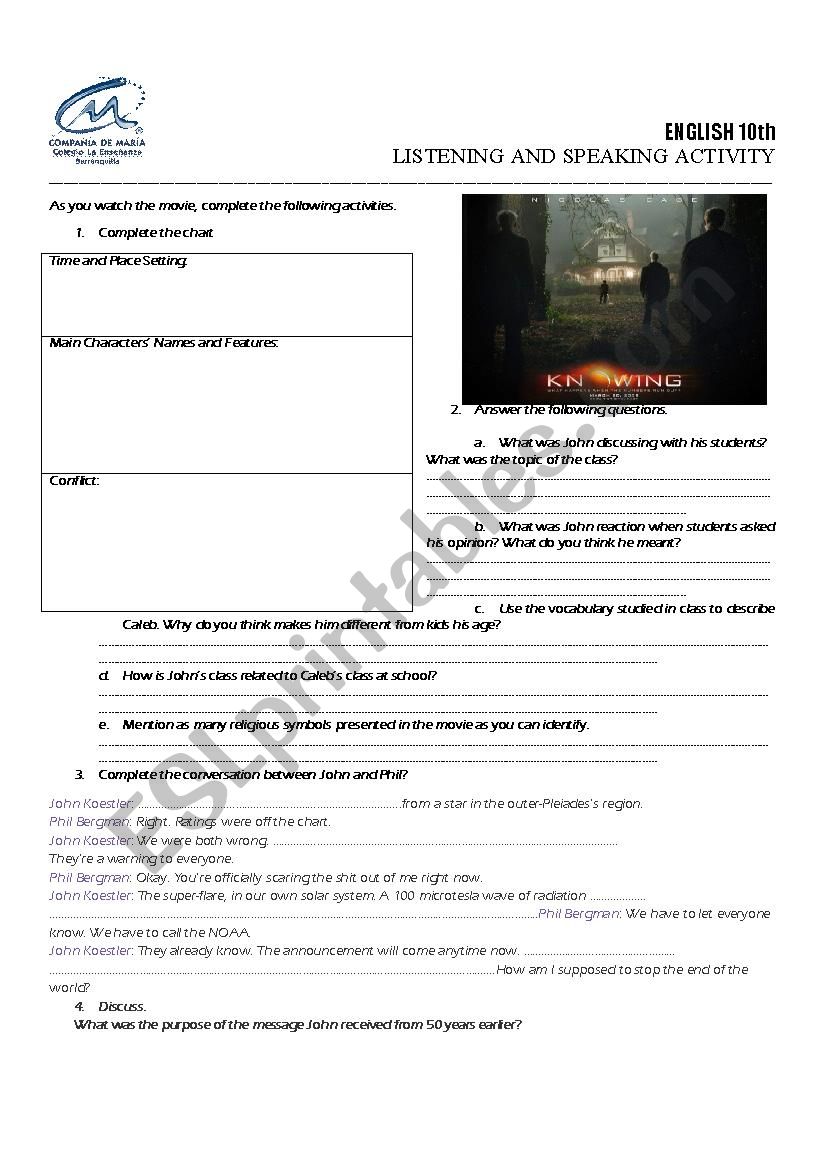 Knowing Movie Worksheet worksheet