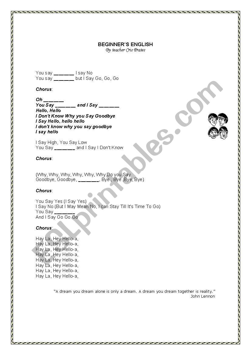 Song - Hello Goodbye Beatles worksheet