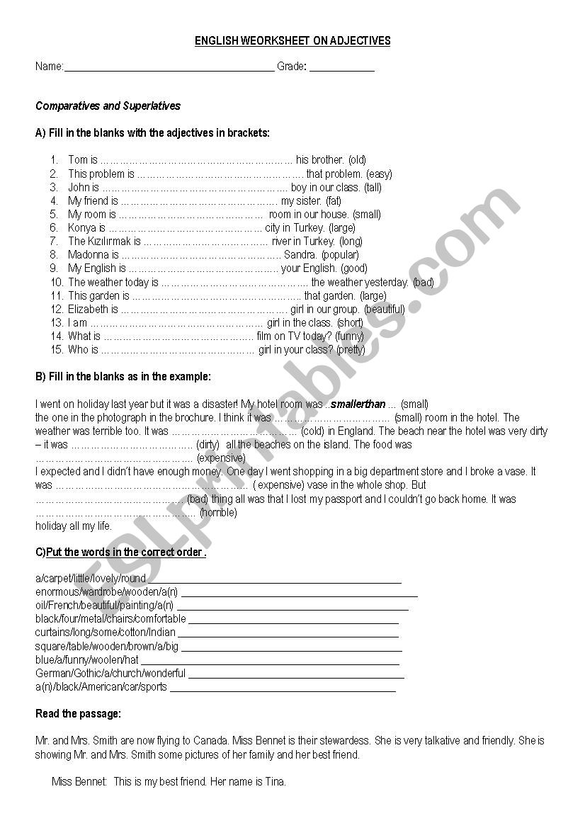 wORKSHEET ON ADJECTIVES worksheet