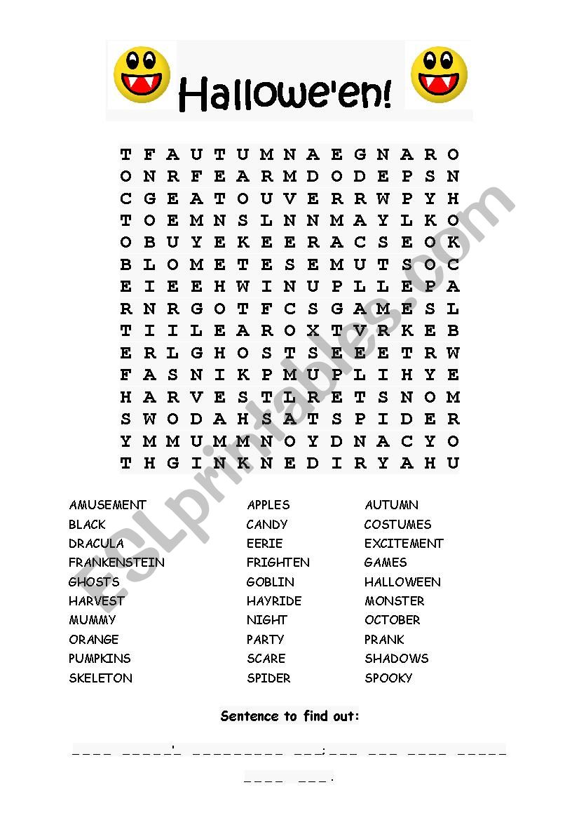A Halloween word search + sentence to find