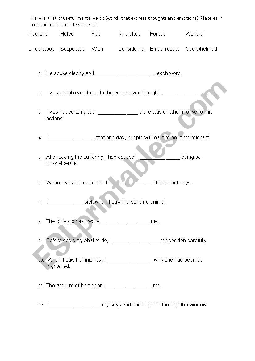 Mental Verbs ESL Worksheet By Dkhw123