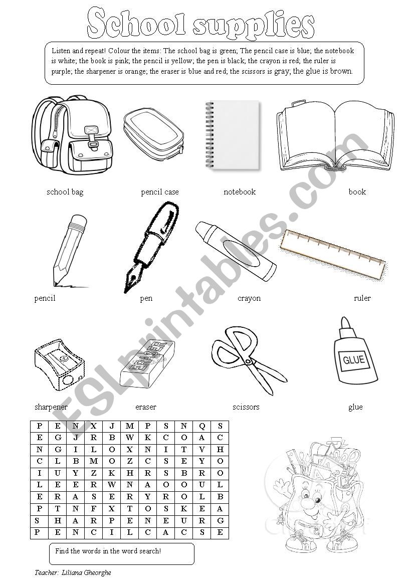 school supplies worksheet