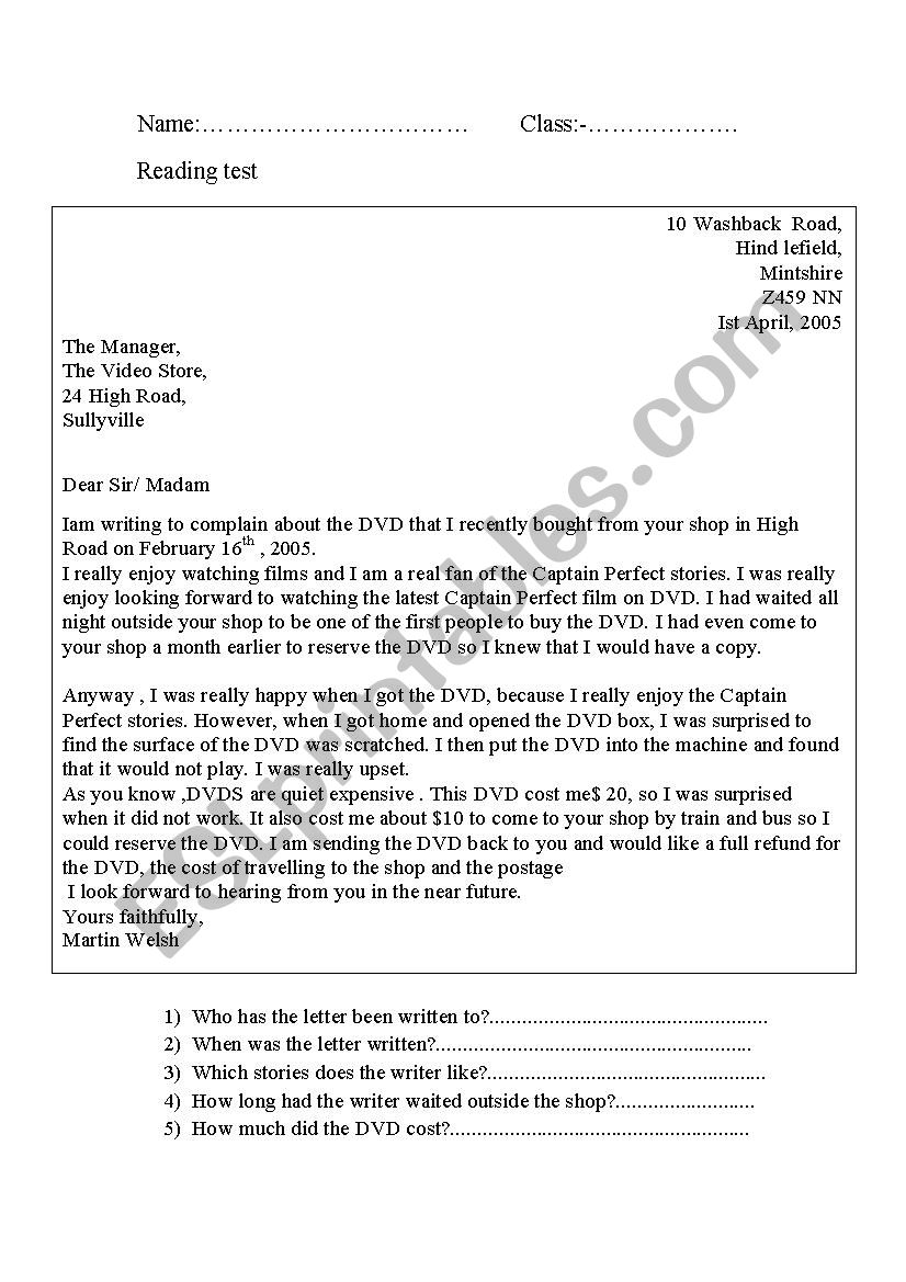 a letter of complaint worksheet