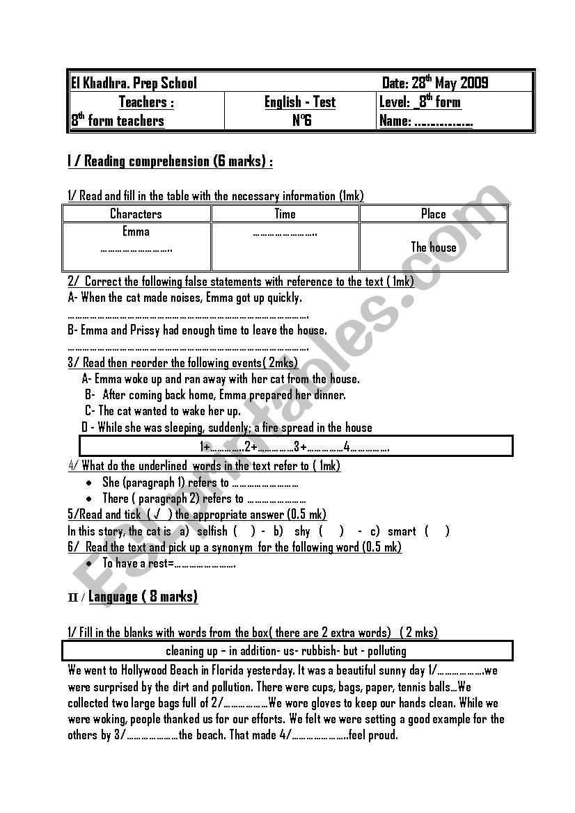 ENGLISH GLOBAL TEST ( 8th form Tunisian pupils)