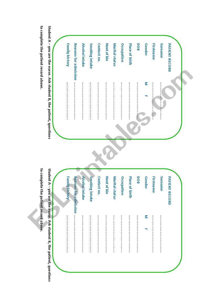 Patients record  worksheet