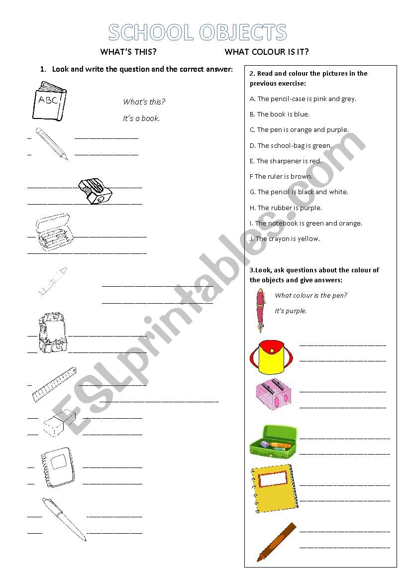 School objects worksheet