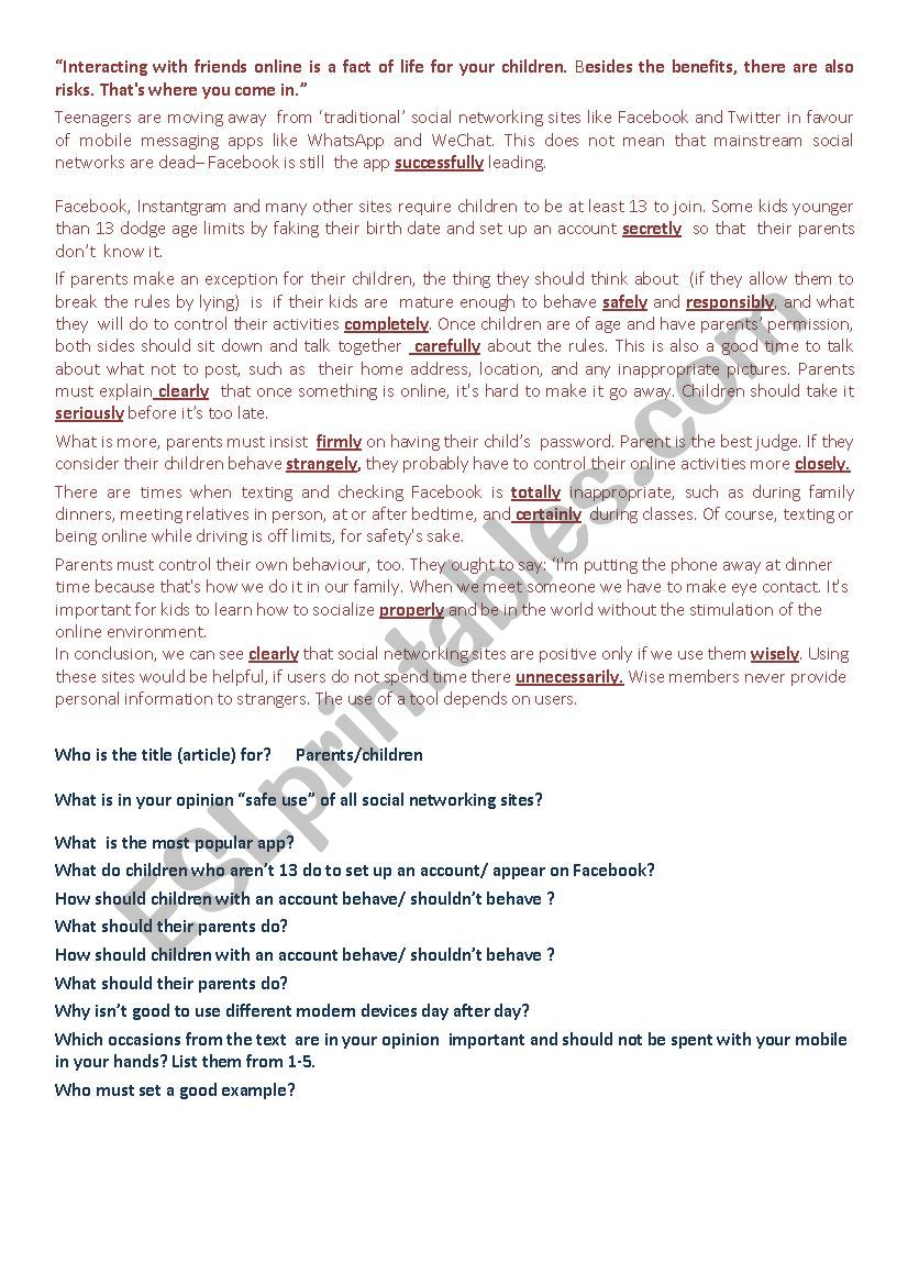 Social networking sites worksheet