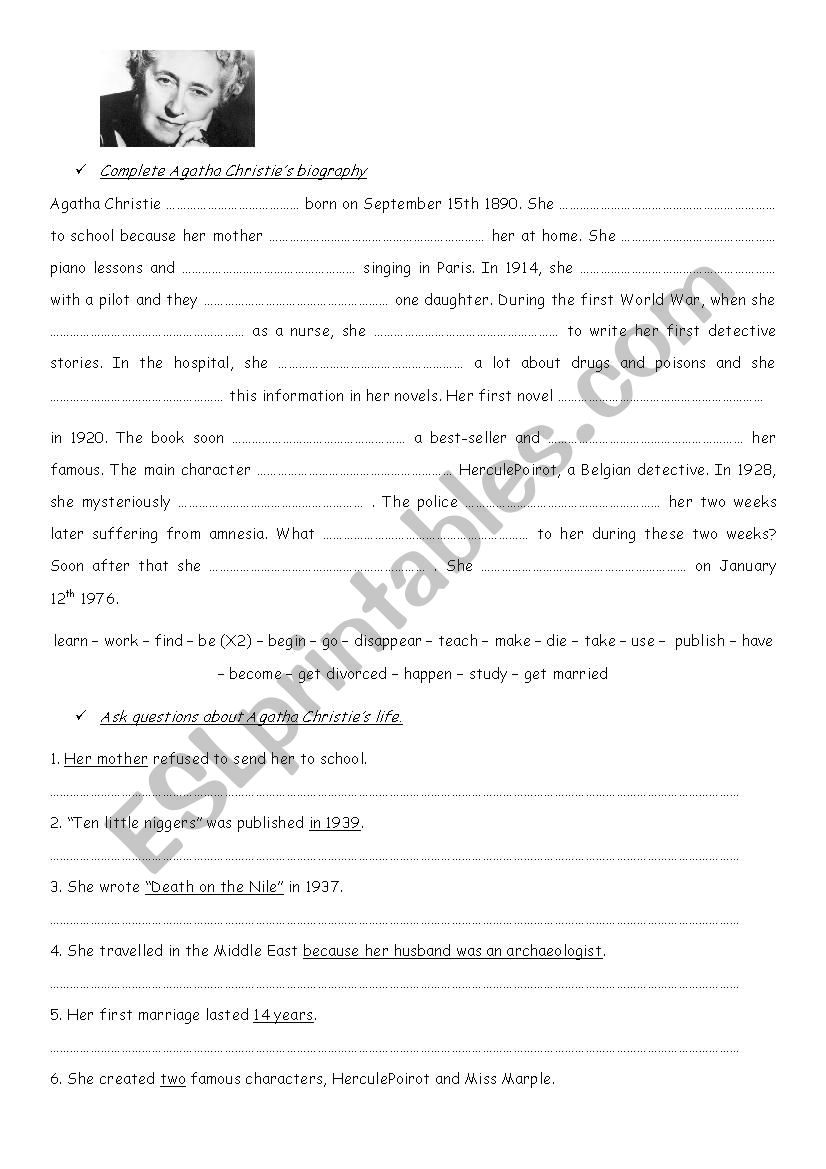 Agatha Christies biography worksheet