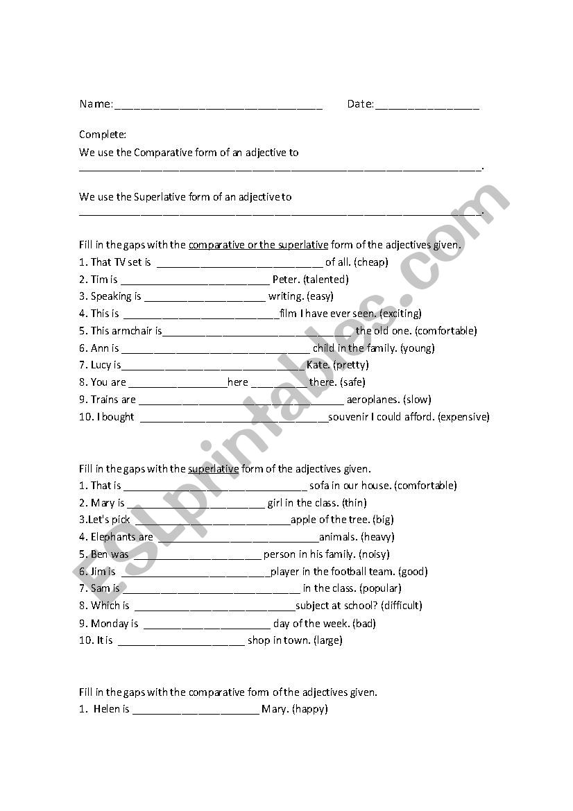 Comparatives and Superlatives worksheet