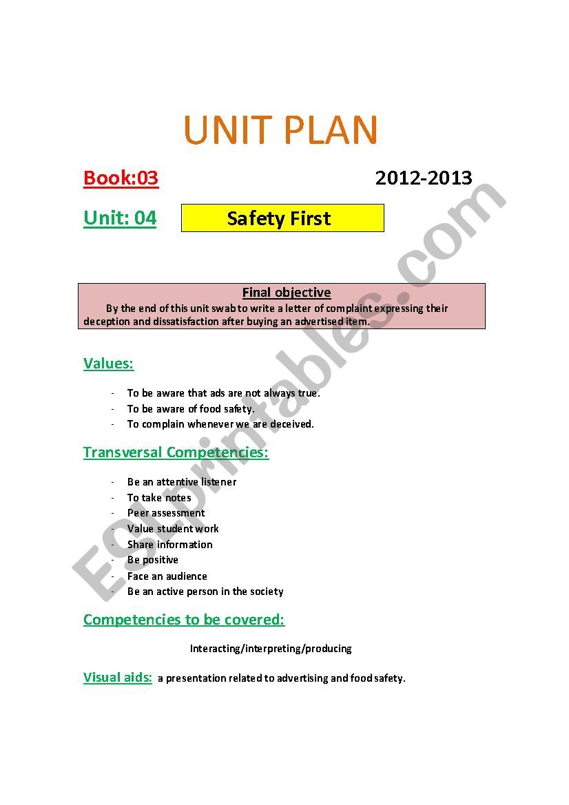 safety first unit plan worksheet