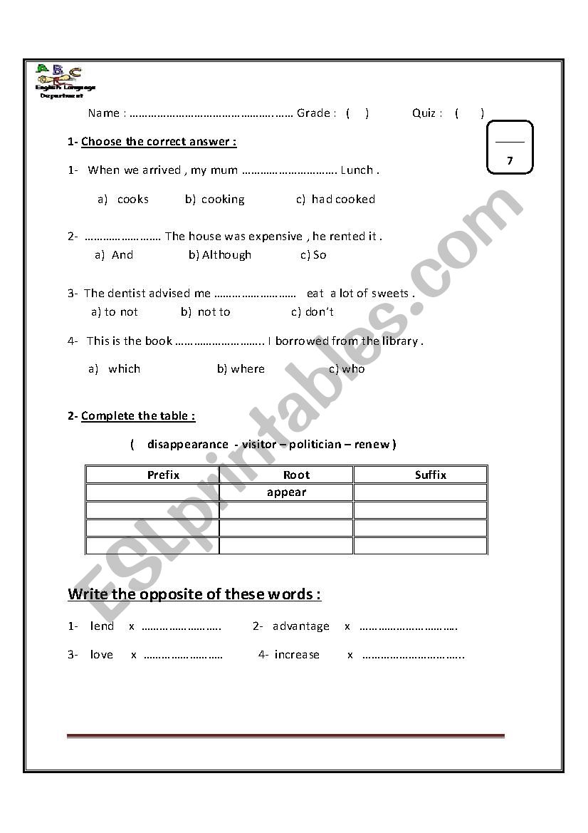 Varied Quiz - prep., stage worksheet