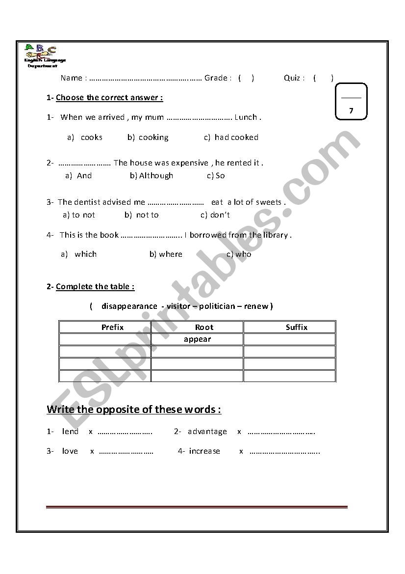 Varied Quiz - prep., stage worksheet