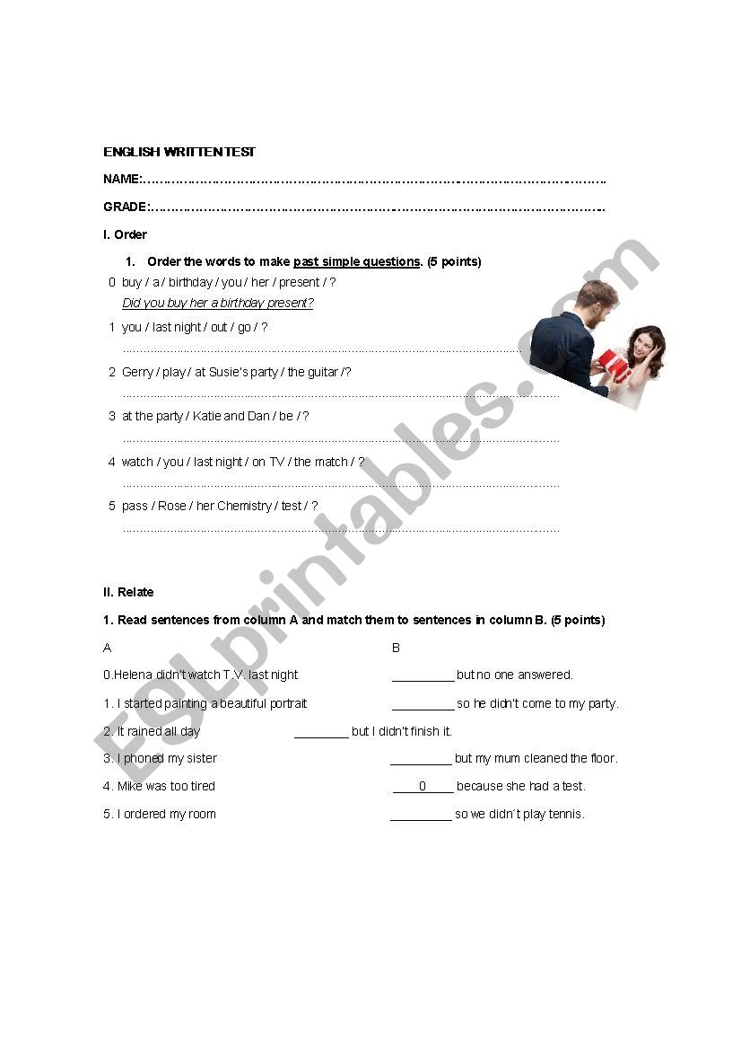 7TH GRADERS TEST worksheet