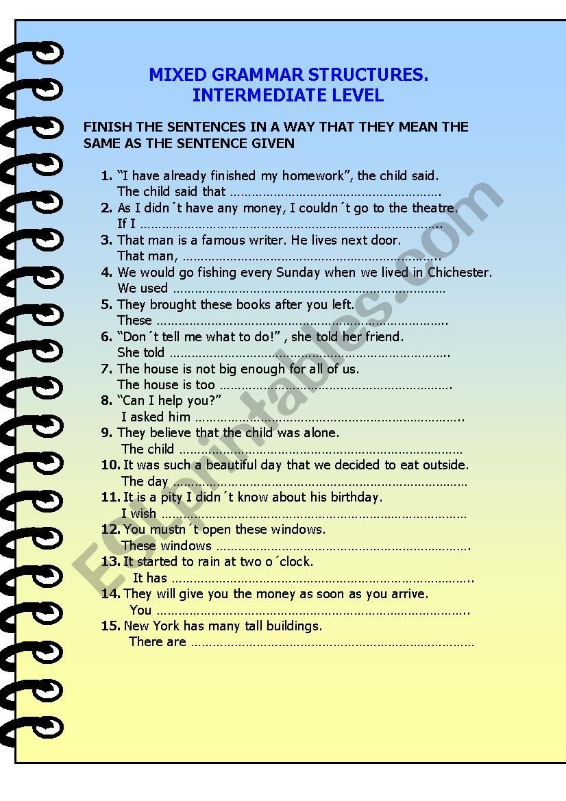 Mixed grammar revision worksheet