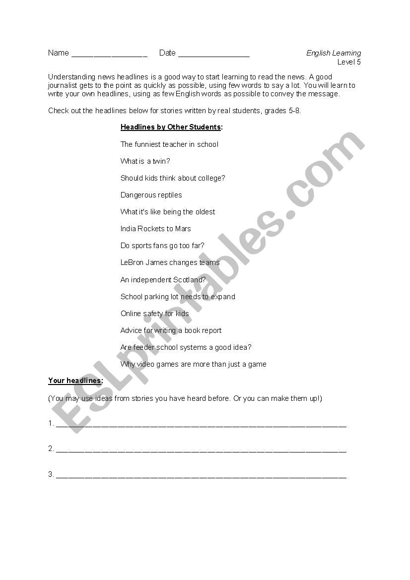 Understanding News Headlines worksheet