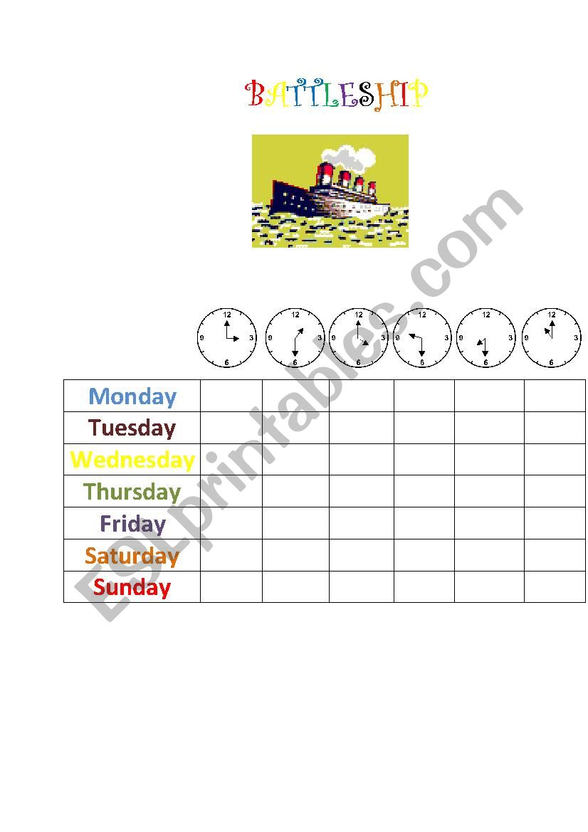 Battleship - days of the week and time game