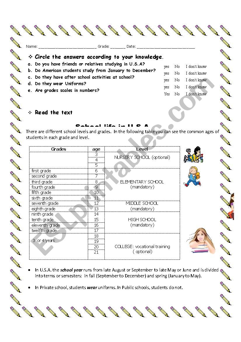 school system in USA worksheet